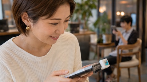 カフェで、女性が上端にインジケーターを付けたスマートフォンを手にしている
