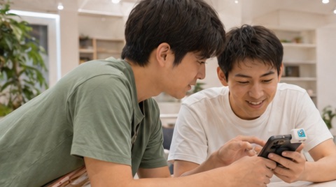 二人が並んで一台のスマートフォンの画面をのぞき込んでいる
