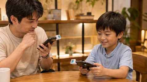 テーブルをはさんで、親と子がそれぞれのスマートフォンを使っている