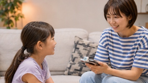 ソファで親子が向かい合い、親がスマートフォンを持っている